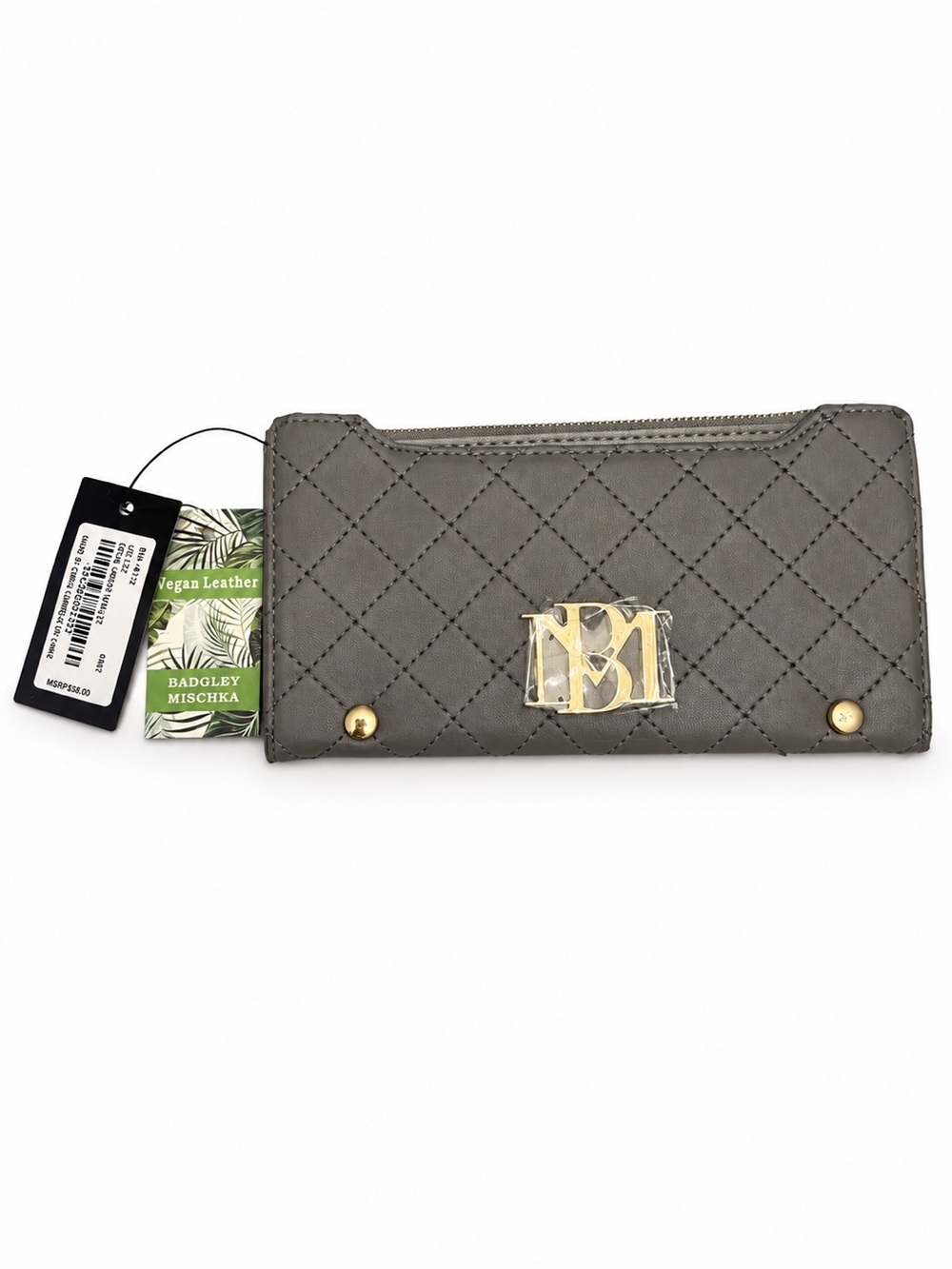 Badgley Mischka Gray Quilted Vegan Leather Long Card Wallet NWT Flaw - Picture 2 of 7